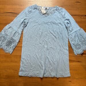 NWT J.Jill light blue eyelet quarter sleeve cotton‎ tunic shirt SIZE XS